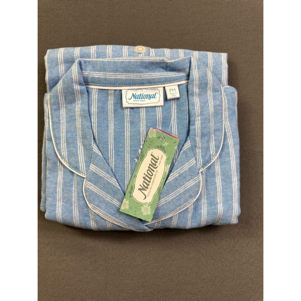 National Blue White Striped Cotton Pajama Top PM Petite Medium NWT #22647